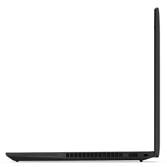 Right-side profile of the Lenovo ThinkPad T14 Gen 4 laptop open 90 degrees. 