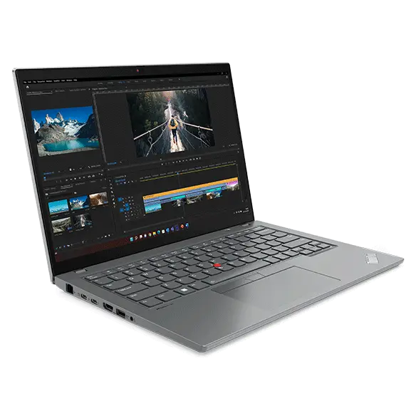 Lenovo ThinkPad T14 Gen 4 (14ʺ Intel) laptop in Storm Grey, open 90 degrees, angled to show left-side ports, keyboard & display.