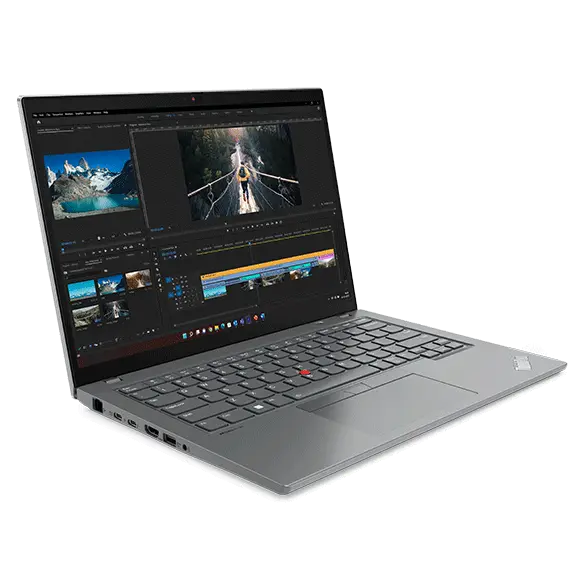 Portable Lenovo ThinkPad T14 Gen 4 (14 » Intel) en gris tempête, ouvert à 90 degrés, incliné de manière à montrer les ports du côté gauche, le clavier et l’écran.