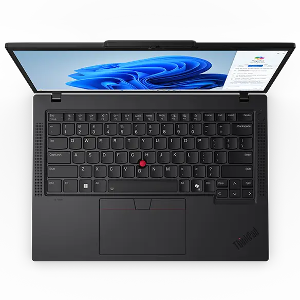 Close-up, overhead shot of the Lenovo ThinkPad T14 Gen 5 (14 inch Intel) Eclipse Black laptop opened at 90 degrees, focusing its keyboard, touchpad, & display with Windows Copilot menu opened on the screen.