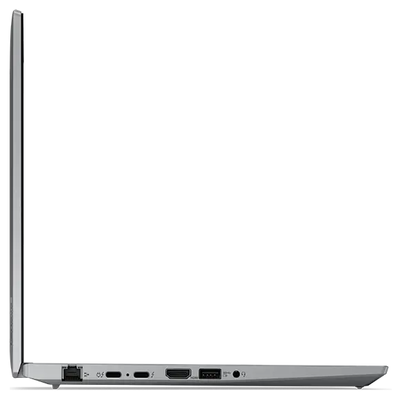 Left-side profile of the Lenovo ThinkPad T14 Gen 4 laptop in Storm Grey, open 90 degrees.