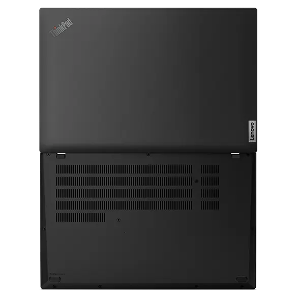 Vista desde abajo del portátil Lenovo ThinkPad L14 de 4.ª generación [35,56 cm (14”), Intel] con la tapa abierta en un ángulo de 180 grados