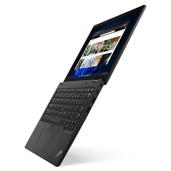 ThinkPad L13 Gen 3 laptop 180 degrees, facing left showing keyboard and display