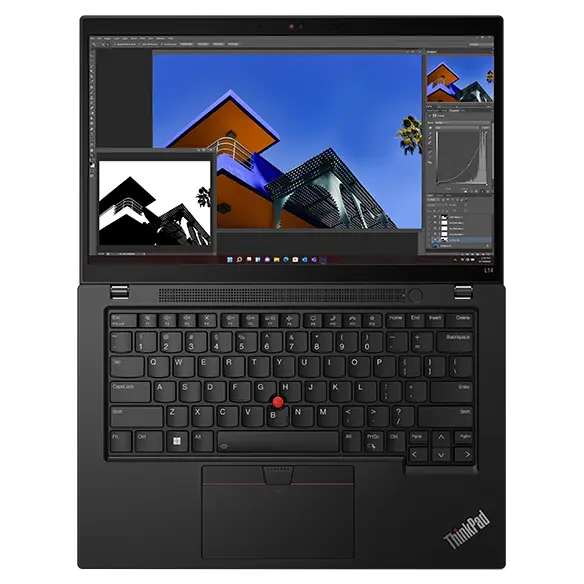 Vista frontal desde arriba del portátil Lenovo ThinkPad L14 de 4.ª generación [35,56 cm (14”), Intel] con la tapa abierta en un ángulo de 180 grados y el menú de Windows visible en pantalla