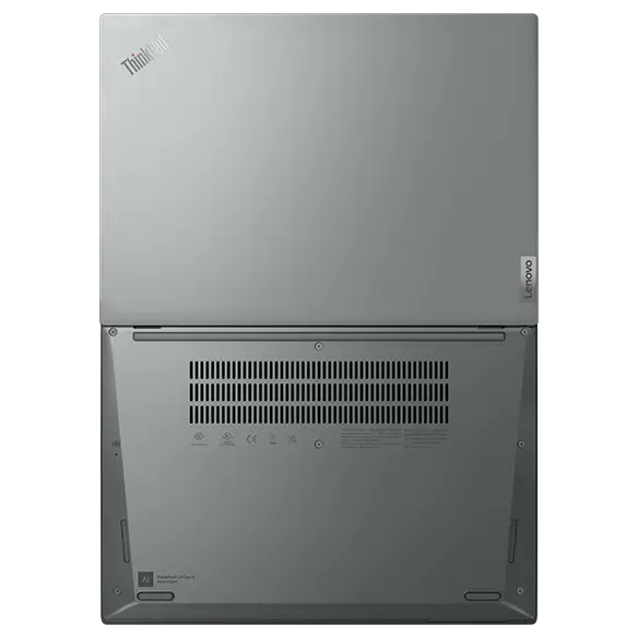 Overhead shot of the Lenovo ThinkPad L13 Gen 4 laptop open 180 degrees, showing both the top & bottom covers, in Storm Grey.