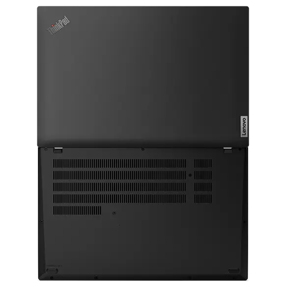 Overhead shot of bottom side & top cover of Lenovo ThinkPad L14 Gen 3 laptop open 180 degrees. 