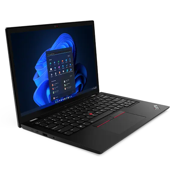 Lenovo Thinkpad L13 Yoga Gen4 laptop in Tent mode, angled to show left-side ports.
