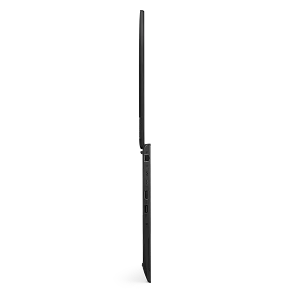Lenovo ThinkPad L15 Gen 4 (15” Intel) Notebook – linke Seitenansicht, Gehäusedeckel um 180 Grad geöffnet, auf der vorderen Kante stehend