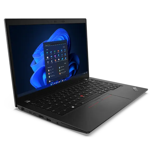 Lenovo ThinkPad L14 Gen 4 (14” Intel) laptop—front-right view, open, with Windows menu on the display