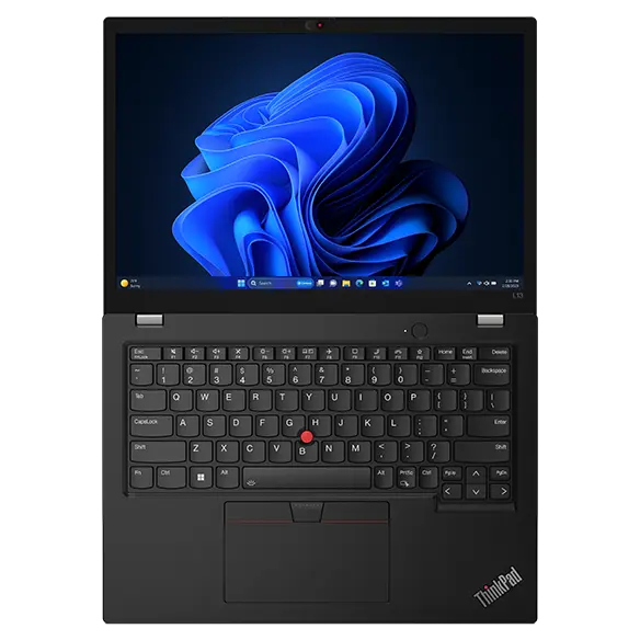 Lenovo ThinkPad L13 Gen 5 laptop front-facing & open 180 degrees.
