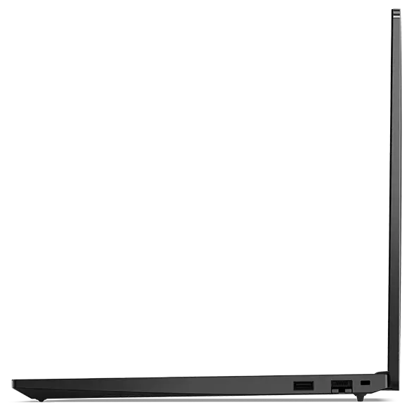 Rechte Seite des Notebooks Lenovo ThinkPad E16 Gen 2 (16'' Intel), 90 Grad geöffnet, mit Display-  und Tastaturrändern und Anschlüssen.