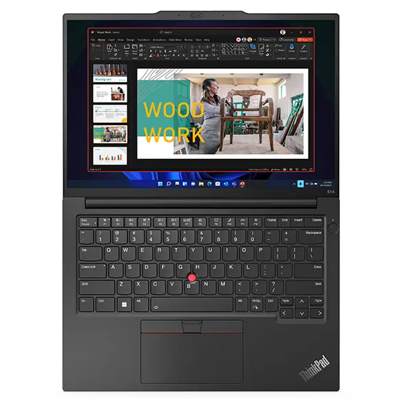 ThinkPad E14 Gen 5 (14″ Intel) laptop – aerial view with lid open 180 degrees and laying flat, with slideshow on the display