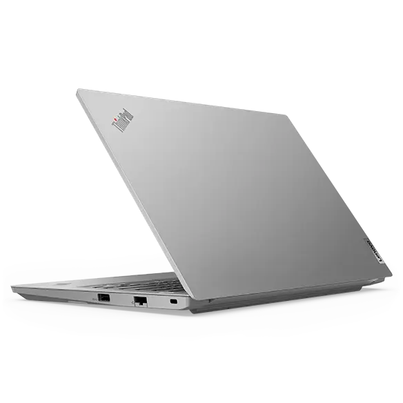 Rear, left-side view of ThinkPad E14 Gen 4 business laptop at an angle, opened 45 degrees in a V-shape, showing top cover and part of keyboard