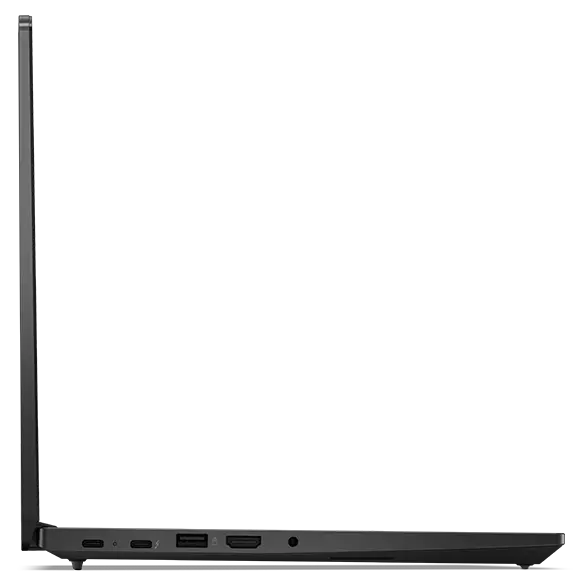Vista lateral izquierda del portátil Lenovo ThinkPad E14 Gen 6 (35,56 cm [14''] Intel) abierto 90 grados que muestra los bordes de la pantalla y el teclado y los puertos.