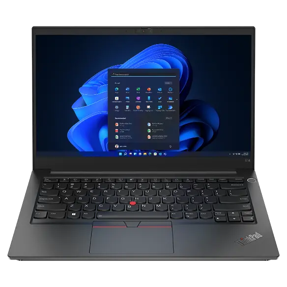 Front facing Lenovo ThinkPad E14 Gen 4 (14” AMD) laptop, opened, showing display and keyboard