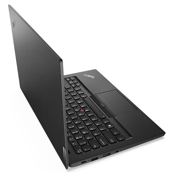 Rear view of ThinkPad E14 Gen 4 business laptop, opened 90 degrees, showing top cover and part of keyboard