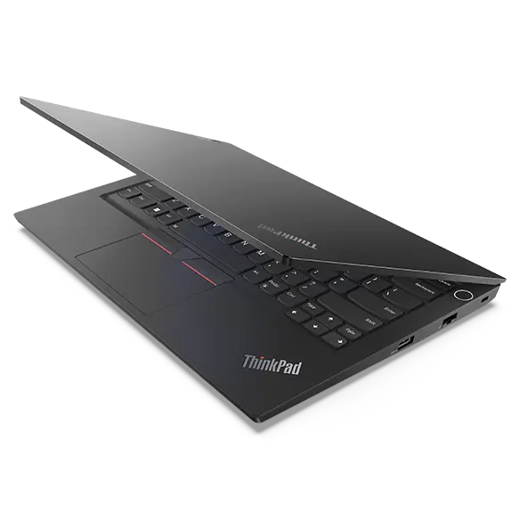 Right side view of Lenovo ThinkPad E14 Gen 4 (14” AMD) laptop, opened 90 degrees, showing keyboard and ports