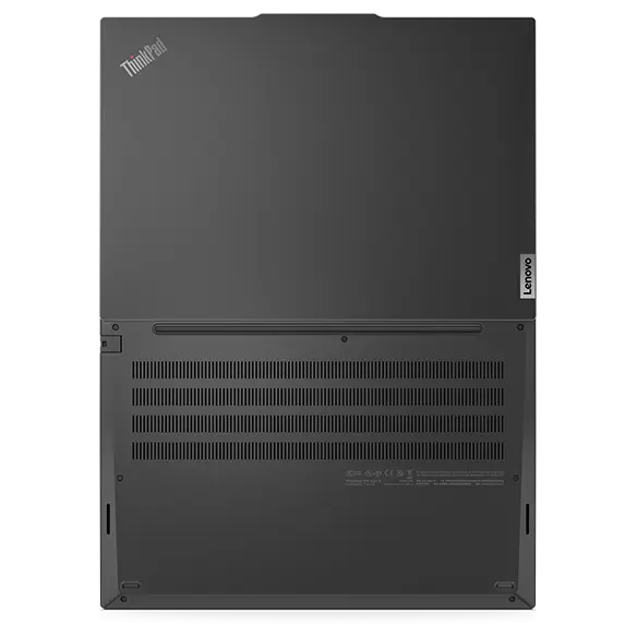 Overhead shot of Lenovo ThinkPad E16 Gen 2 (16'' Intel) laptop, opened 180 degrees, laid flat, showing top and  rear covers.