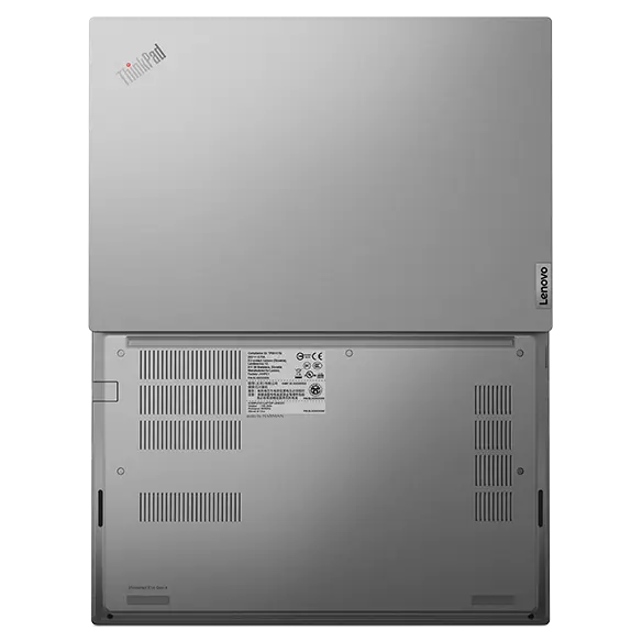 Overhead shot of Lenovo ThinkPad E14 Gen 4 (14” AMD) laptop, opened 180 degrees, laid flat, showing top and rear covers
