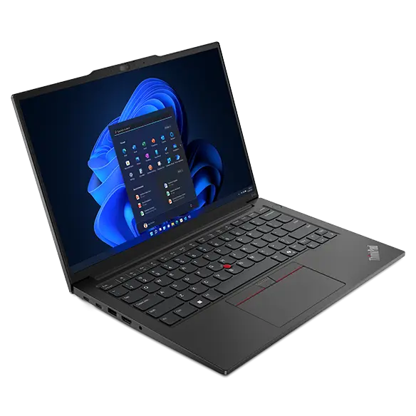 Left side view of Lenovo ThinkPad E14 Gen 6 (14” Intel) laptop, opened 90 degrees, showing display and keyboard edges, and ports.