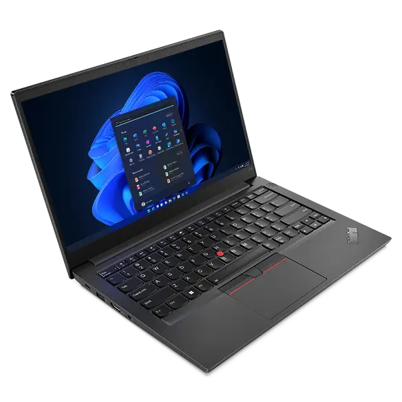 Left side view of Lenovo ThinkPad E14 Gen 4 (14” AMD) laptop, slightly opened, showing top cover and part of keyboard