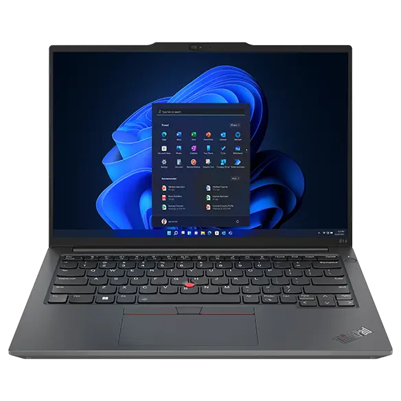 Lenovo ThinkPad E14 Gen 5 (14" AMD) laptop in Graphite Black – front view, lid open, with Windows 11 menu on the display