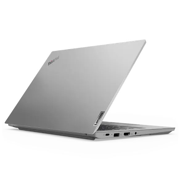 Rear, right-side view of ThinkPad E14 Gen 4 business laptop at an angle, opened 45 degrees in a V-shape, showing top cover and part of keyboard 
