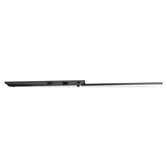 Right side profile of ThinkPad E14 Gen 4 business laptop, opened 180 degrees, flat, showing ports and thin edge of display and keyboard