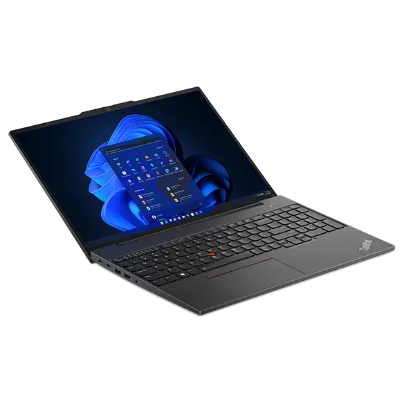 Left front view of the Thinkpad E16 Gen 1 (16 AMD), opened beyond 90 degrees