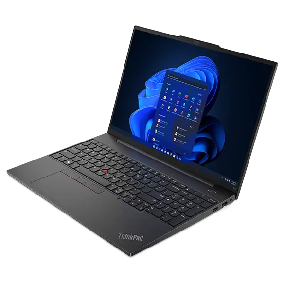 Lenovo ThinkPad E16 (16" Intel) laptop – front view from the right, lid open, with Windows menu on the display