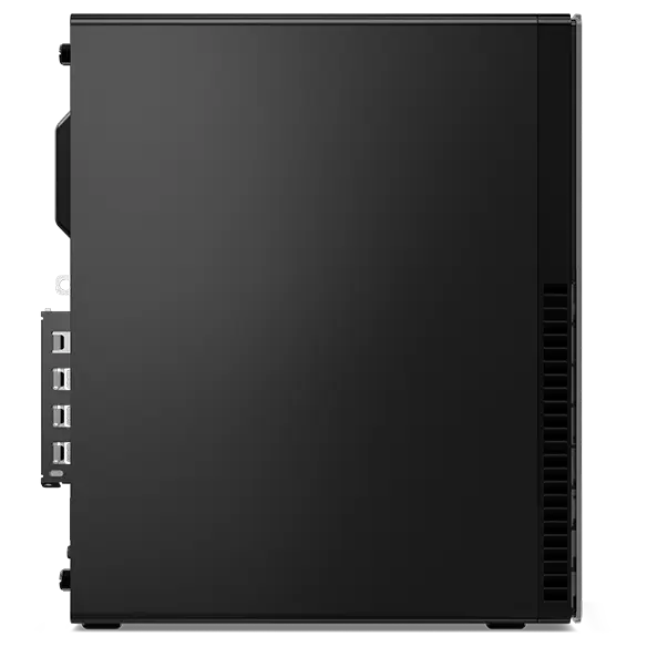 Vertically-positioned left side of the Lenovo ThinkCentre M90s Gen 5 small form factor PC, showing optional expansion slots on the back.  