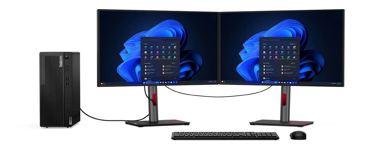 Lenovo ThinkCentre M70t Gen 5 Tower-Desktop von vorne, angeschlossen an zwei Monitore, mit einer Funktastatur und einer Maus