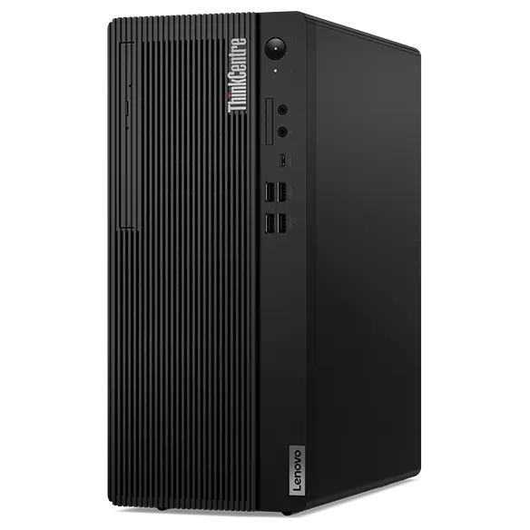 Right facing Lenovo ThinkCentre M70t Gen 5 tower desktop, showing power button, ports & slots.