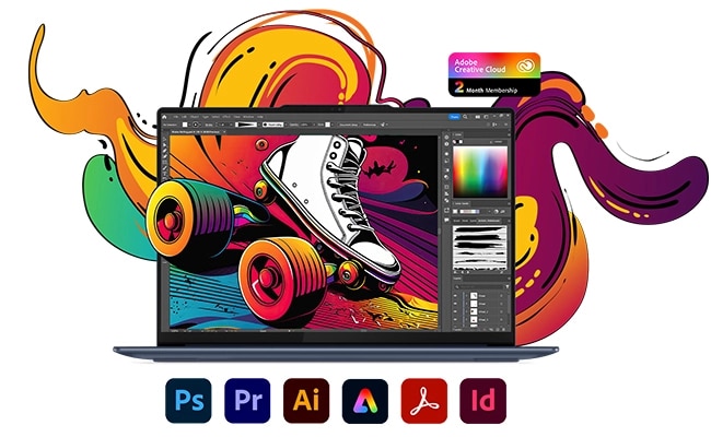 Pogled od spredaj na Lenovo Yoga Slim 7x: računalnik Copilot+, obdan z grafiko in ikonami, ki predstavljajo Adobe Creative Cloud.