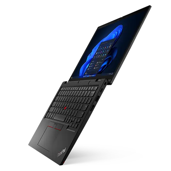 Lenovo ThinkPad L13 2-in-1 Gen 5 laptop, open 180 degrees, angled to show display and keyboard.