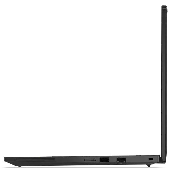 Right side view of Lenovo ThinkPad T14 Gen 5 (14” AMD) Eclipse Black laptop with lid opened at 90 degrees, focusing its slim profile & right side ports.