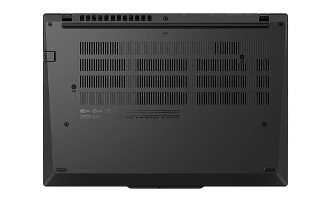 Top view of Lenovo ThinkPad T14 Gen 5 (14” AMD) Eclipse Black laptop’s bottom cover, focusing its rear air vents.