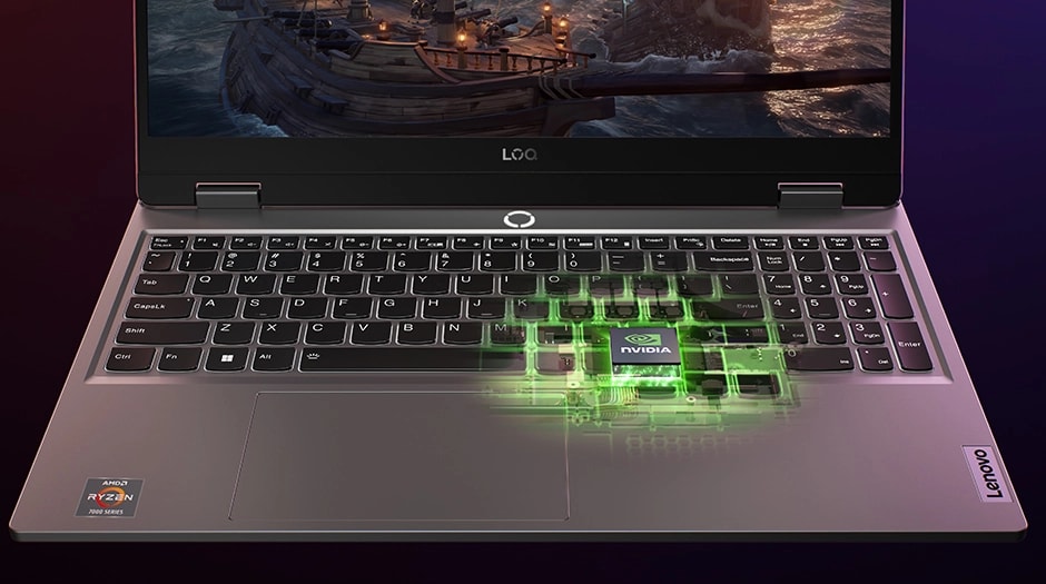 The Lenovo LOQ 15ARP9’s keyboard with a breakaway illustration of an NVIDIA GPU