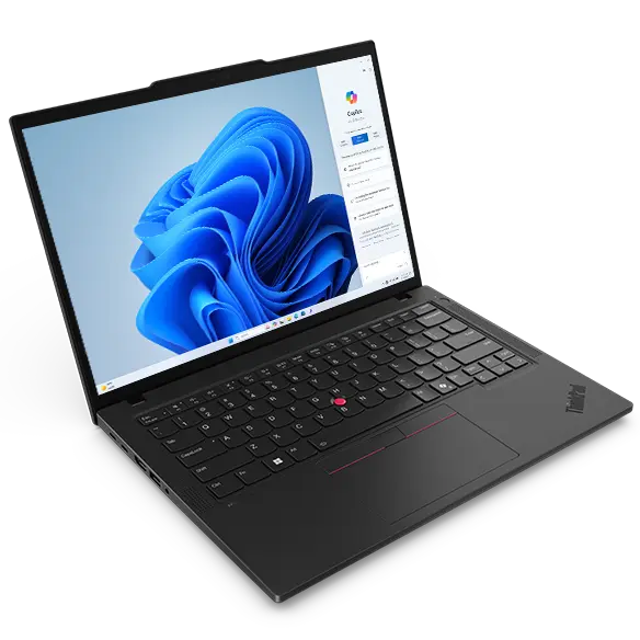Front, left side view of Lenovo ThinkPad P14s Gen 5 (14'' AMD) black laptop opened at a wide angle, focusing its keyboard, enlarged touchpad, & 14 inch screen with Windows Copilot menu opened on the right side.