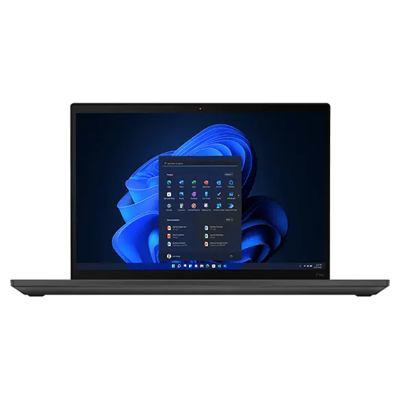 Primer plano de la estación de trabajo móvil Lenovo ThinkPad P14s Gen 4 (35,56 cm [14”] AMD) abierta, girada hacia delante, mostrando el borde del teclado y la pantalla con Windows 11 Bloom