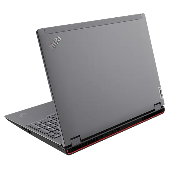 Vue latérale arrière du portable Lenovo ThinkPad P16 Gen 2 (16 » Intel), à un angle, ouvert légèrement, montrant le couvercle supérieur et une partie du clavier