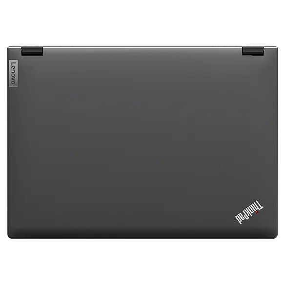 Aerial view of Lenovo ThinkPad P16v (16” AMD) mobile workstation, closed, showing top cover, hinges, & Lenovo & ThinkPad logos