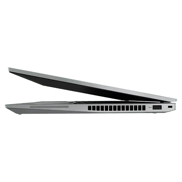 Verkorte weergave van de rechterzijde van de Lenovo ThinkPad P16s Gen 2-laptop (16″ Intel), iets geopend, met weergave van de rand van het beeldscherm en de poorten