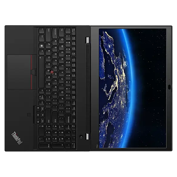 Aerial view of ThinkPad P15v Gen 3 (15″ Intel) mobile workstation, opened 180 degrees flat, showing keyboard & display