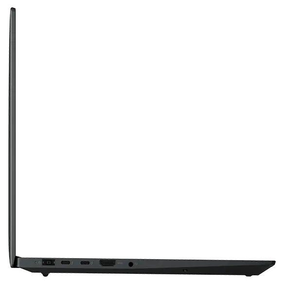 Profil du côté gauche de la station de travail mobile Lenovo ThinkPad P1 Gen 6 (16" Intel) ouverte à 90 degrés, montrant les bords de l’écran et du clavier, ainsi que les ports du côté gauche