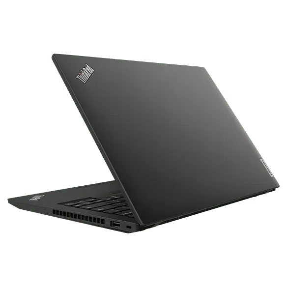 Vista lateral posterior de la estación de trabajo móvil ThinkPad P14s Gen 4 (35,56 cm [14”] AMD) abierta en un ángulo de 75 grados, mostrando parte del teclado, la cubierta posterior y el logotipo de ThinkPad