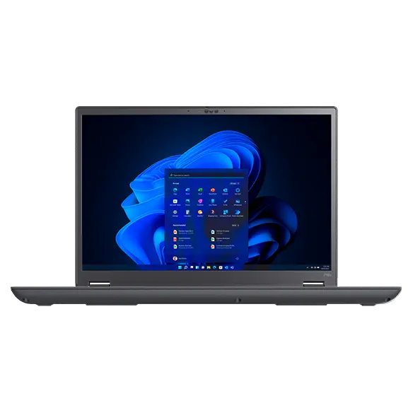 Gros plan de la station de travail portable Lenovo ThinkPad P16v (16 » Intel), montrant le clavier bord et l’écran de démarrage avec Windows 11
