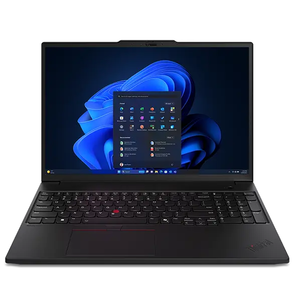 Close-up, front view of the Lenovo ThinkPad P16s Gen 3 (16 inch Intel) black laptop opened 90 degrees, focusing its keyboard, Communications Bar, & display, with a Windows 11 Pro menu opened on the screen.