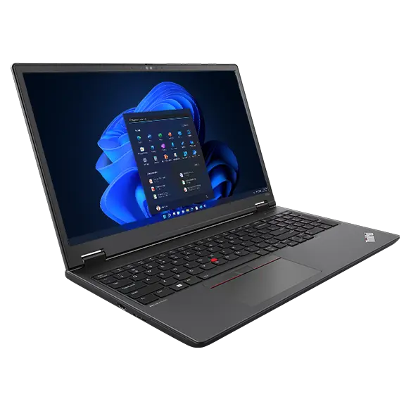 Lenovo ThinkPad P16v (16″ AMD) mobiele workstation, geopend onder een hoek, met weergave van het toetsenbord, het beeldscherm met het Windows 11-startscherm en de poorten aan de linkerzijde