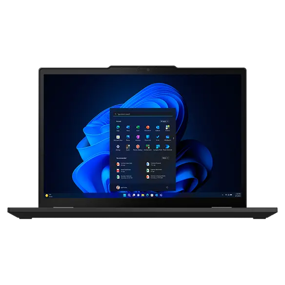 Front facing Lenovo ThinkPad X13 2-in-1 Gen 5 laptop, open 90 degrees, showing display.